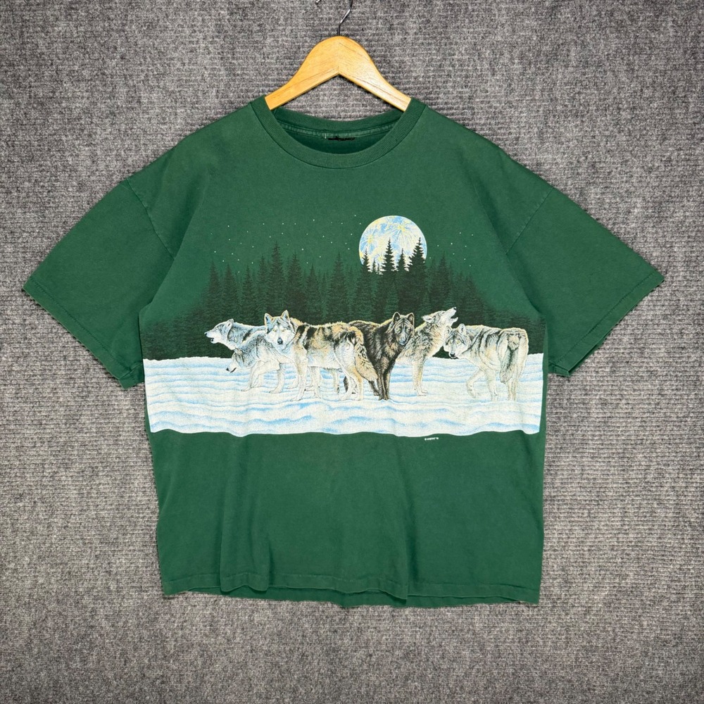 Vintage Habitat 90s Wolf Pack Graphic T-Shirt Green Nature Wraparound XL